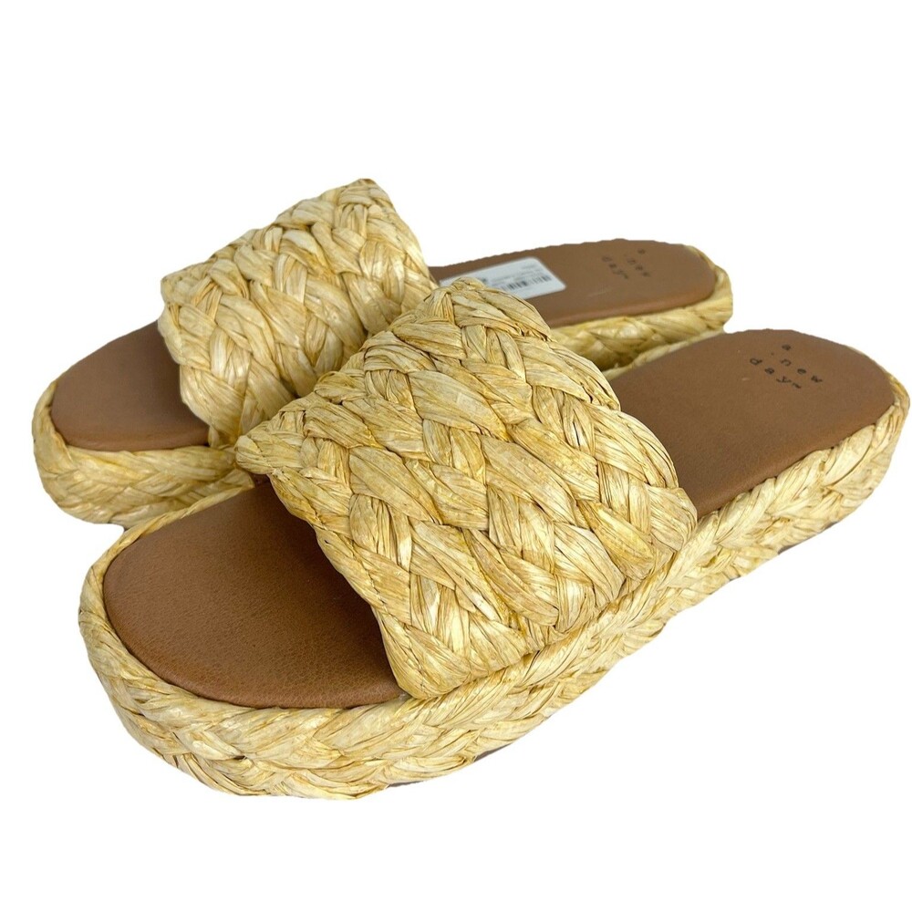 Women Raffia Platform Slide Sandals Woven Straw Natural Summer Size 6 - Picture 2 of 10